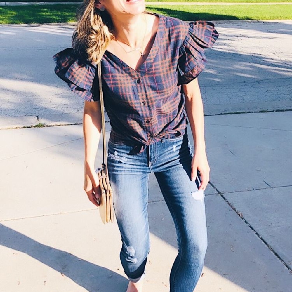 Plaid Ruffle Sleeve Button Up Top - Picture 4 of 9